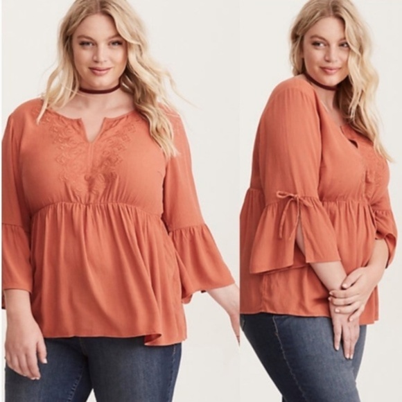 torrid Tops - Torrid 4X Crochet Neck Gauze Bell Sleeve Blouse